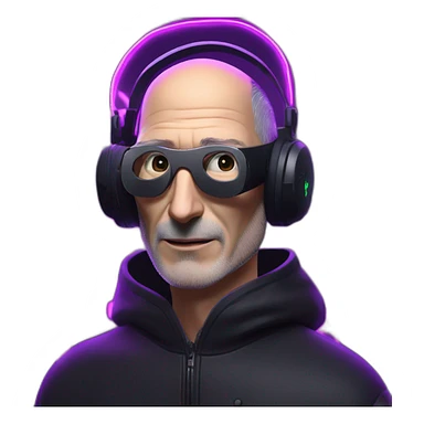 Steve Jobs wearing a black hoodie with "OMG" letters on it and VR headset in a cyberpunk VR environment with violet neon lighting. sticker