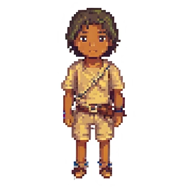 Make the boy's skin tone tan, keep everything else the same, pixel art style, with no background. sticker