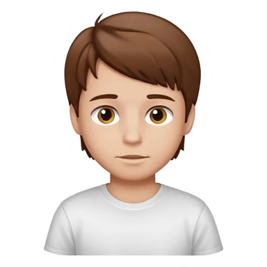Boy with brown hair and white t-shirt sticker