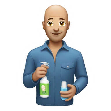 Bald man holding a shampoo sticker