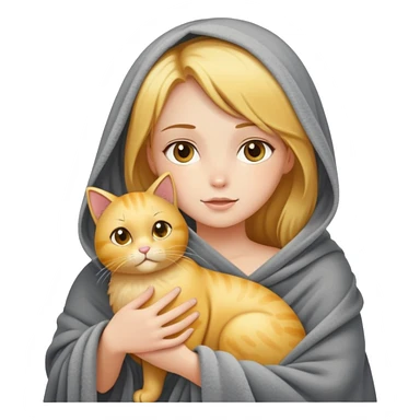 A beautiful girl with fair skin who just took a shower, wrapped in a gray blanket and holding a golden cat sticker