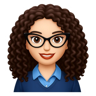 Change to cat-eye glasses, keep lady with long dark brown curly hair, in emoji style with no background. sticker