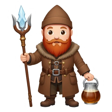I need a image of a small dwarf in a brown coat with a red beard and a staff with ale in it, walking over and pouring the ale out of the tip of his staff sticker
