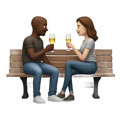 couple with white skin people and brown hair, sitting closely on a park bench, enjoying a romantic moment. One person is holding a croissant, and the other is holding a glass of Prosecco.  sticker