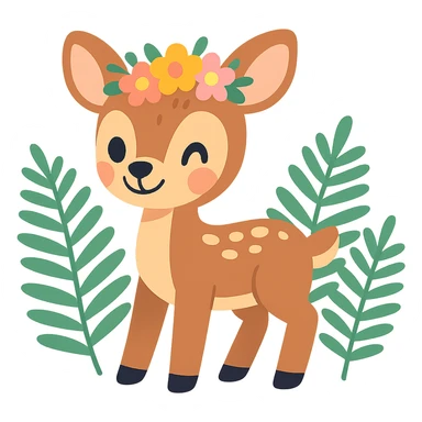 baby deer with a flower crown, surrounded by ferns, pastel toon style sticker