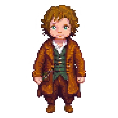Whole body image of bilbo baggins from the lord of the rings  in pixel art style and formatted to fit emoji size for later adding to slack app sticker