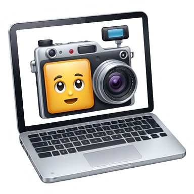 Create an emoji representing blogging. The design should feature an open laptop with a visible blog post on the screen, showing text. Add a photo or video camera to emphasize multimedia content. Do not include any emojis or smiley faces. Make the background transparent. sticker