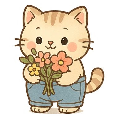 a chubby kitten wearing tiny pants and holding a bouquet of flowers, in a cute cartoon style sticker