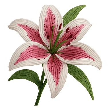 french beaded stargazer lily, intricate glass seed beads, wirework, realistic flower, vibrant pink and white petals, green leaves, elegant, close-up, no background sticker