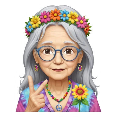 elderly woman with long grey hair, glasses, peace sign necklace, tie-dye clothing, flower crown sticker