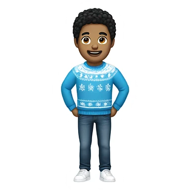 white man with black hair, wearing christmas jumper with white details with blue jeans and black sneak sticker