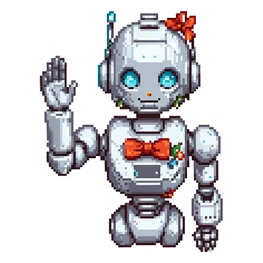 shoulders-up portrait of a cute female recruiter robot, 8-bit pixel art style, metallic, talking, one hand in the air, with a bow accessory sticker