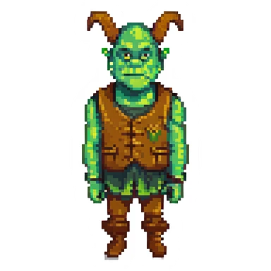 Shrek as a pixel art ogre, green skin, big ears, brown vest, simple background sticker