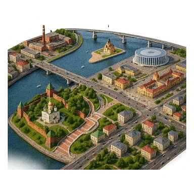 Изометричная чёткая миниатюрная фотореалистичная 3D модель панорамы Нижнего Новгорода - Нижегородский Кремль, Стрелка между Окой и Волгой, стадион Нижний Новгород, ГАЗ, Чкаловская лестница, Борский Мост через Волгу, Нижегородская ярмарка, автотранспорт, четкие линии, яркие цвета, люди, компактная композиция, вид сверху в изометрии, прозрачный фон sticker