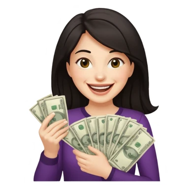 laughing dark haired woman holding lots of money sticker