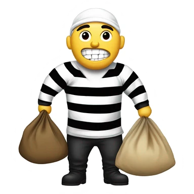 A robber with a black and white shirt with a bag full of money sticker