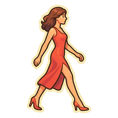 A girl walking from left to right, side view, wearing a red dress with a slit and high heels, retro-stickers style, thin clean contours, soft rounded shapes, detailed drawing with shadows and highlights, pastel palette #98B5BC, #B5B3C1, #C9A3C9, #E4C0CA, #F7DCD1, #F7C0AA, modern Japanese pop art, soft lighting, transparent background, no extra decoration, focus on movement and elegance. sticker