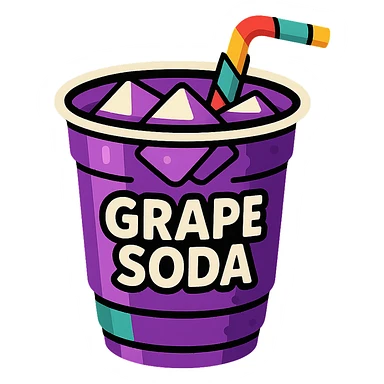 Place the cup of grape soda with a purple hue, ice cubes, and a fun straw on a solid black background, keep the TikTok-inspired vibrant cartoon style. sticker