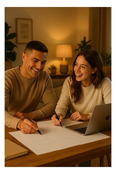 a man and woman work together on a project at home, with the man offering guidance and the woman actively participating and contributing ideas. Their expressions show teamwork and satisfaction, highlighting the benefits of collaboration and shared leadership. The setting is warm and inviting. sticker
