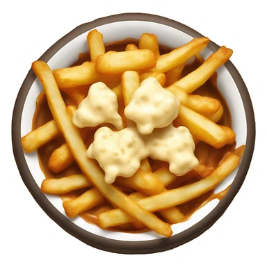 Bowl with fries and cheese curds on top covered in gravy sticker