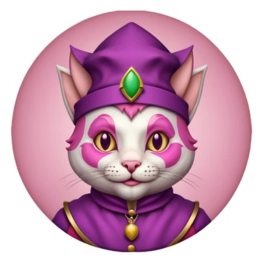 court jester cat medieval, single poker card joker clearly visible, pink, face only, round badge,  court jester cap sticker
