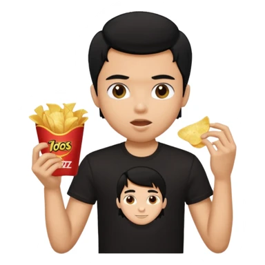 a pretty bratz guy with curly black hair in in black tshirt eating chips sticker