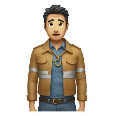 nervously pulling at collar sticker