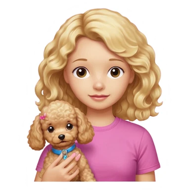 hazme un emoji que sea una niña rubi con el pelo ondulado i una camiseta rosa que ponga brownie, i acariciando a un perro (caniche toy) si pero con el pelo mas largo i no tan rubia sticker