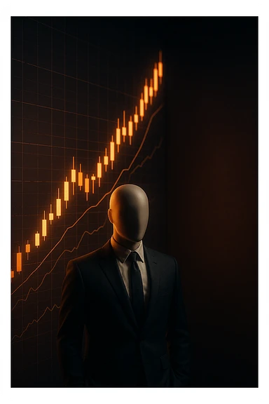 Cinematic 3D render of a faceless mannequin in a suit, standing in front of a giant glowing stock market graph (candlesticks, charts). Large empty wall space on the right for text overlay. Dramatic lighting, deep contrast, epic finance atmosphere. sticker