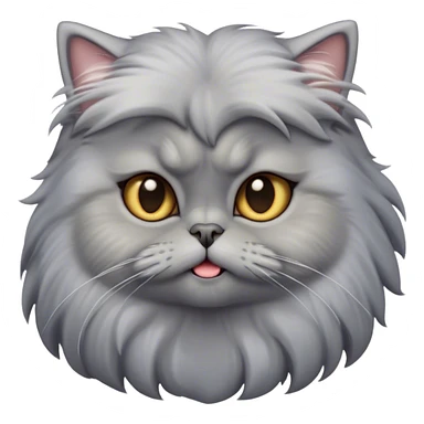 Cinematic Derpy Grey Persian Cat Portrait Emoji, Head tilted playfully with an adorably awkward expression, fluffy grey fur with soft silver undertones, Simplified yet hilariously derpy features, highly detailed, glowing with a warm but slightly confused glow, high shine, a mix of lazy and clueless, stylized with a touch of whimsy, bright but with a completely derpy and grumpy face, soft glowing outline, capturing the essence of a quirky yet chubby, grumpy kitty, so endearing it feels like it could stretch out of the screen and demand attention with its wonderfully derpy charm! sticker