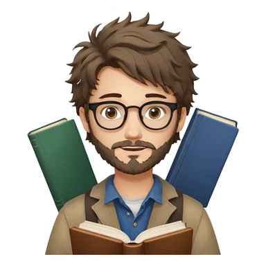 generate an ios genmoji of a fair 20 year guy with faint beard, spectacles, messy hair, books in hand sticker