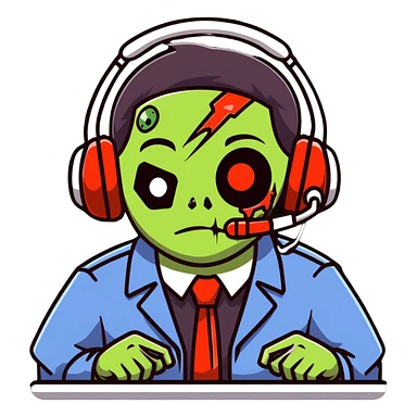 zombie call center employee with headphones, torn uniform, and dead eyes sticker
