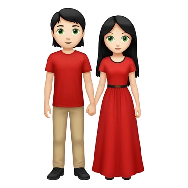 full-length couple, girl with long black hair and green eyes in red dress, boy with blonde hair in white t-shirt sticker