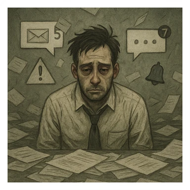 A person experiencing burnout, looking exhausted and overwhelmed, with dark circles under their eyes, slumped posture, and a chaotic background of paperwork and digital notifications. sticker