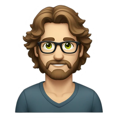 A serious guy with long, slightly wavy brown hair, green eyes, fairly thin black glasses and a fairly thin and small beard sticker