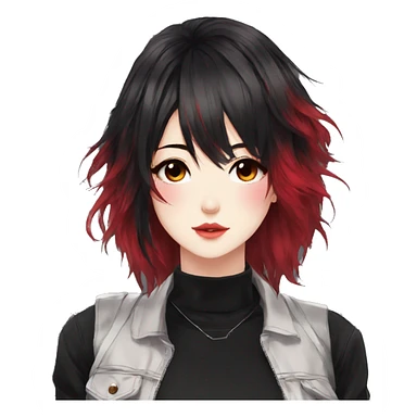 Gorgeous anime style lady with blushing face aesthetic and pretty edgy black red punk hair with hair garment trending style sticker