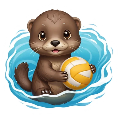 super cute baby otter floating on clearly visible blue water with waves, tiny baby otter with big eyes holding a volleyball with both small paws above water sticker