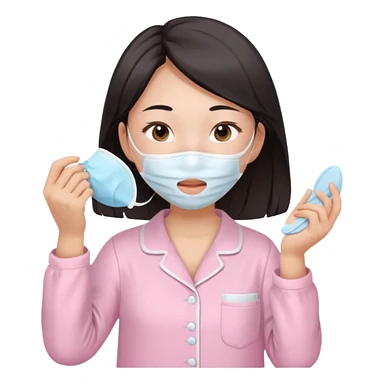 angelic asian girl doing skin care in baby pink pajamas, applying mask to her face sticker