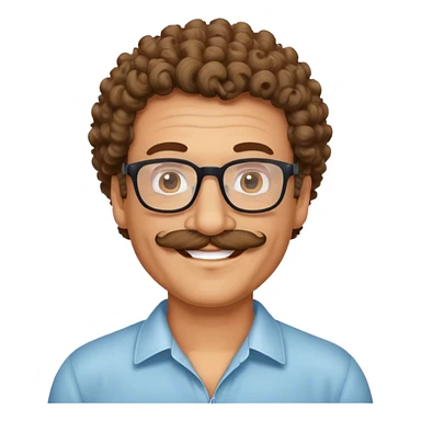 A lightly tanned middle aged man with glasses smiling, curly hair, a mustache ￼ sticker
