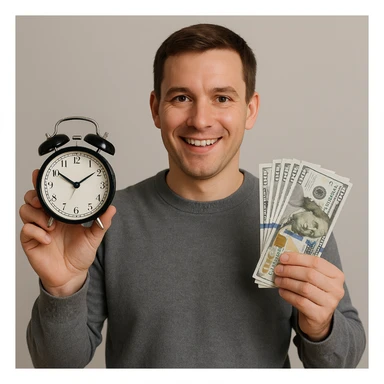 A man with short brown hair holding an alarm clock and money sticker