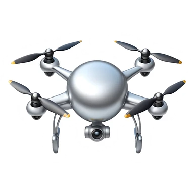 A futuristic drone emoji made of polished silver chrome, smooth rounded body, minimal propellers, reflective metallic surface, soft studio lighting, iOS emoji style, centered, clean white background sticker