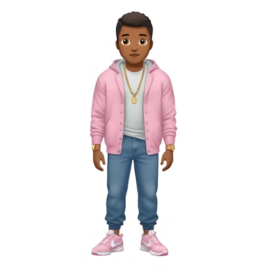 Handsome Black guy with brown skin tone, with muscular build, wearing baggy dark denim jeans, a white t-shirt, pink and gray fuzzy cardigan, white Nike sneakers, a gold watch, and a dainty chain sticker