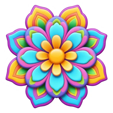 3D, psychedelic colored label with hippie style flower border sticker