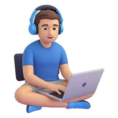 memoji of a college student, sitting with a laptop, relaxed, wearing headphones sticker