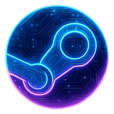 Transform the Steam icon into a cyberpunk, holographic style with glowing neon blue and pink edges and circuit patterns throughout the entire icon, including both the circle and the Steam logo inside. The whole icon should have a futuristic, clean look with neon glow and intricate circuit effects, matching the style of previous cyberpunk folder and file explorer icons. Use a transparent background outside the circle. sticker