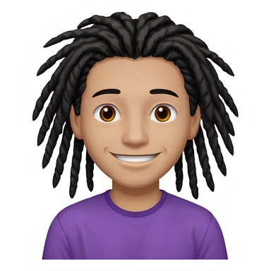 medium brown teen with black dreads and brown eyes that has a small faint mustache and purple shirt sticker