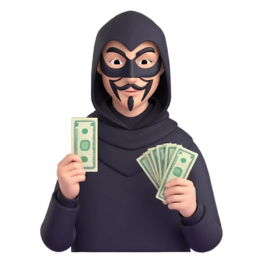 A man in black clothes with an Anonymous mask, holding money, ember text sticker