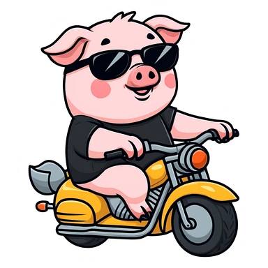 Pig wearing black t-shirt and sunglasses riding a motorcycle sticker