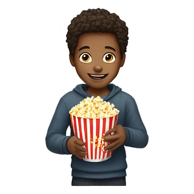 a young boy holding a cup of popcorn and sayin hi sticker