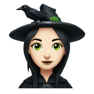 a pale black haired green eyes witch with a crow sticker